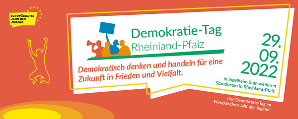 Logo Demokratie-Tag Rheinland-Pfalz für das Jahr 2022 mit dem Motto „Demokratisch denken und handeln für eine Zukunft in Frieden und Vielfalt.“