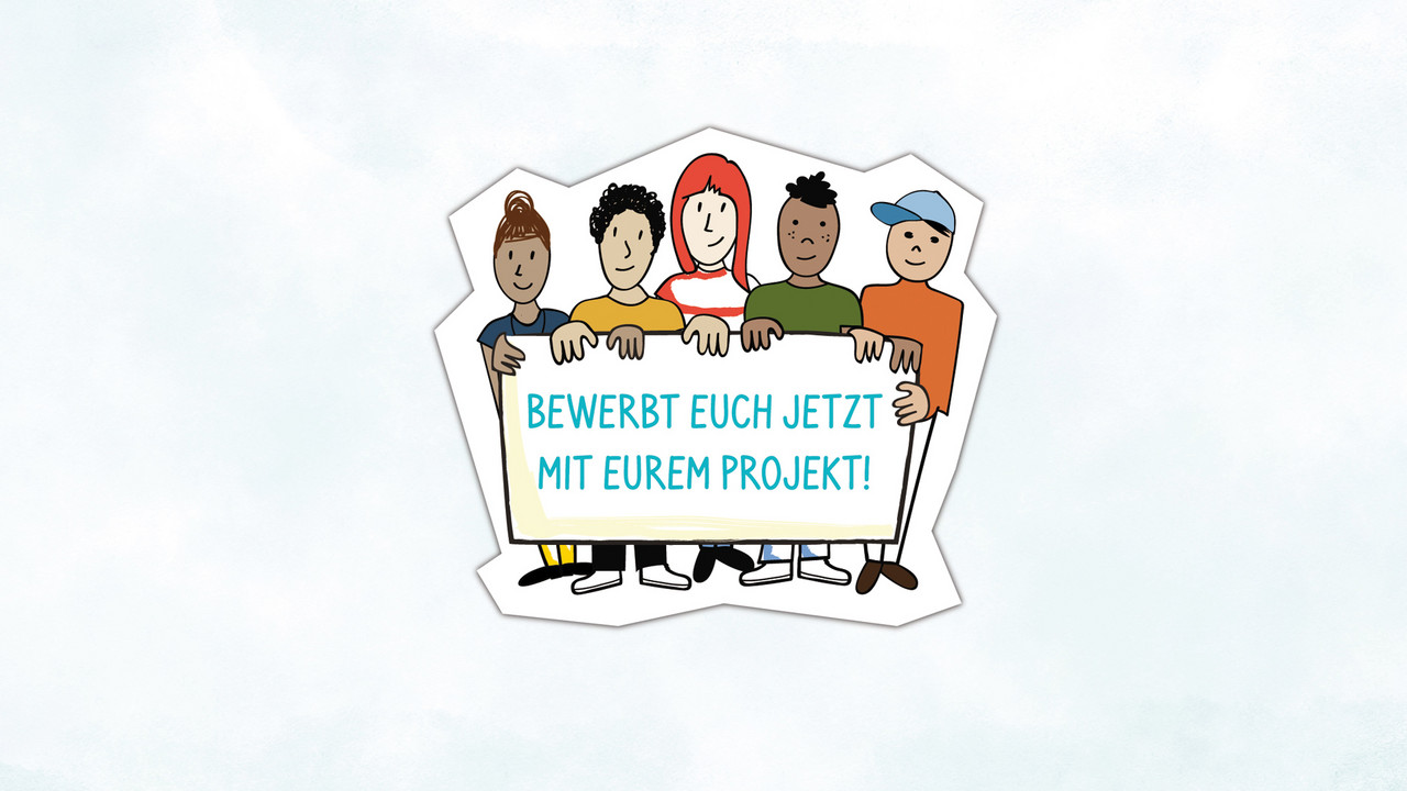 Junge Menschen halten ein Schild, auf der Text steht "Bewerbt Euch jetzt mit Eurem Projekt!", Illustration im Comicstil