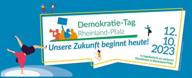 Logo Demokratie-Tag Rheinland-Pfalz für das Jahr 2023 mit dem Motto „Unsere Zukunft beginnt heute!“