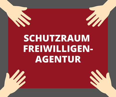 Schriftzug „Schutzraum Freiwilligenagentur“ in der Mitte, an den Ecken jeweils eine Hand.