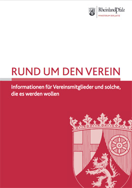 Titel der Broschüre "Rund um den Verein", Titelmotiv: Wappen von Rheinland-Pfalz mit dem Text: „Informationen für Vereinsmitglieder und solche, die es werden wollen.“