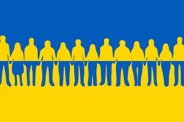 schemenhafte Menschen auf blau-gelbem Untergrund (Farben der ukrainischen Flagge)